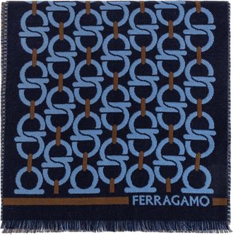Ferragamo Wollen Sjaal - Heren - Sjaals - Blauw - ONE Size - Wol - Accessoires