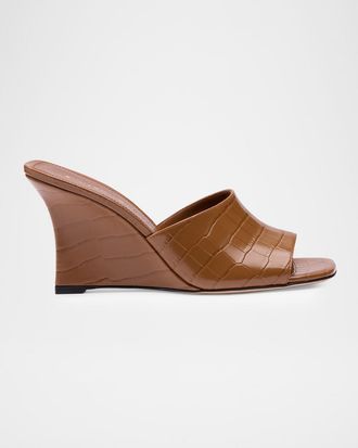 Stuart Weitzman 85mm Vinnie Croc-Embossed Leather Wedge Mules