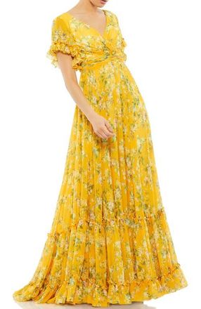 Mac Duggal Flounce Sleeve Floral Maxi Dress in Yellow Multi at Nordstrom, Size 8