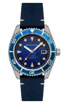 Spinnaker Wreck Automatic Leather Strap Watch, 44mm in Blue at Nordstrom
