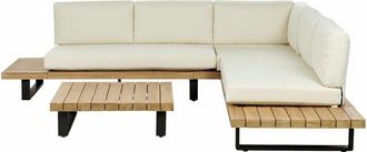 Beliani Set da Giardino Divano Angolare 5 Posti Bianco Crema e Legno Chiaro e Tavolino Mykonos