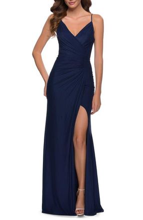 La Femme Net Jersey Prom Dress with Ruching Across Front in Navy at Nordstrom, Size 4