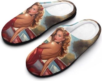 Generic Pin-Up Vintage Post Mens House Slippers Memory Foam Washable Cotton Slip on Home Shoes