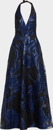 Aidan Mattox Plunging Metallic Organza Jacquard Gown
