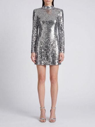 Balmain Mini abito da sera a tubino con ricamo di paillettes e collo alto