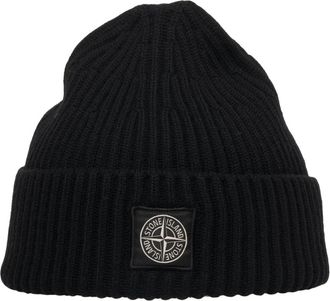 Stone Island Accessoires, Heren, Zwart, ONE Size, Wol, Geribbelde gebreide muts Nero