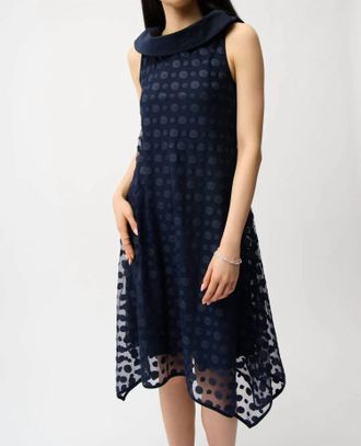 Joseph Ribkoff Dot Embroidered Mesh Handkerchief Dress In Navy