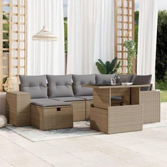 vidaXL Vidaxl - Set Sof&aacute;s De Jard&iacute;n 7 Piezas Y Cojines Rat&aacute;n Sint&eacute;tico Beige