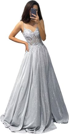 Generic Glitter Lace Prom Dress - Spaghetti Strap, V-Neck & Pocket Formal Evening Gown Silver