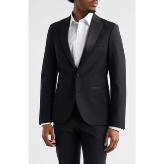 Open Edit Black Peaked Lapel Stretch Wool Blend Tuxedo Jacket in Black Caviar at Nordstrom Rack, Size 42