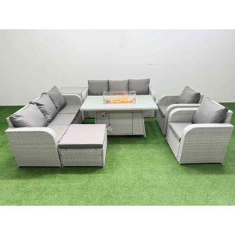 Fimous Pe Rattan High Back Lounge Sofa Set Patio Firepit Dining Table & Chairs Set with 3 Seater Sofa Reclining Chair Big Footstool 2 Side Table Light Grey