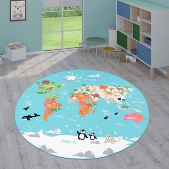 Paco Home Paco Home - Alfombras Infantiles Juego Pelo Corto Habitación Coloridas En Diferentes Diseños Turquesa, ø 200 cm redon