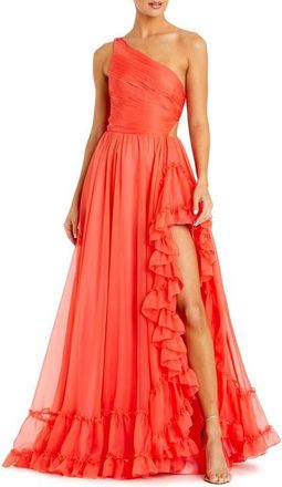 Mac Duggal One Shoulder Asymmetrical Ruffle Chiffon Gown in Tangerine at Nordstrom, Size 12