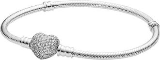 Pandora Moments Sparkling Heart Clasp Snake Chain Bracelet, Size 19