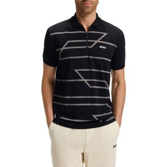 BOSS Phlix Geometric Print Cotton Zip Polo in Black at Nordstrom, Size X-Large