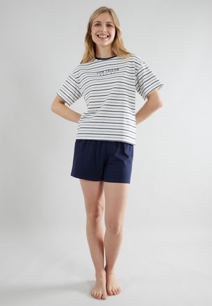 Tom Tailor Shorty TOM TAILOR Zaria, Damen, Gr. 46 (XXXL), blau, Single Jersey, Obermaterial: 95% Baumwolle, 5% Elasthan, bequem kurz, Rundhals, Homewear-Sets Sho