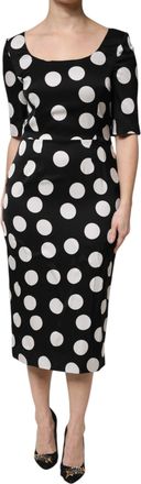 Dolce & Gabbana Black White Polka Dot Silk Sheath Midi Womens Dress