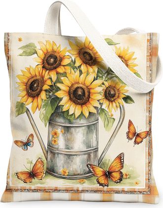 Generic Spring Sunflower Flower Canvas Tote Bag for Shopping 13x15, Farmhouse Country Floral Reusable Grocery Print Pattern Bag for Women, Fun Farm Beach Aest