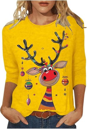 Generic Christmas Shirt for Women 3/4 Sleeve Top Christmas Jumpers Ladies Tops Xmas Jumpers Knitted Reindeer Snowflake Xmas Sweater Lightweight Christmastree 