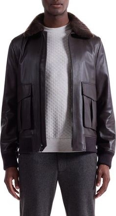 Bugatchi Leather Bomber Jacket with Removable Genuine Shearling Collar in Truffle at Nordstrom, Size X-Large