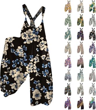 Generic Jumpsuits for Women UK Womens Floral Vintage Printed Jumpsuit UK Sleeveless Ethnic Style Dungarees Casual Baggy Wide Leg Overalls Rompers Ladies Patch