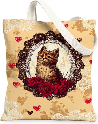 Generic Vintage Cat Floral Canvas Tote Bags, Elegant Lace Design Reusable Shopping Bags, Lightweight Washable Shoulder Strap Canvas, Beige, 13x15 Inch
