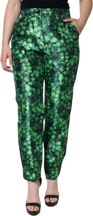 Dolce & Gabbana Green Clover Silk Satin High Waist Tapered Womens Pants