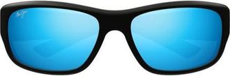 Maui Jim Mauklele 64mm PolarizedPlus2 Wraparound Rectangular Sunglasses in Matte Black/Blue Hawaii at Nordstrom
