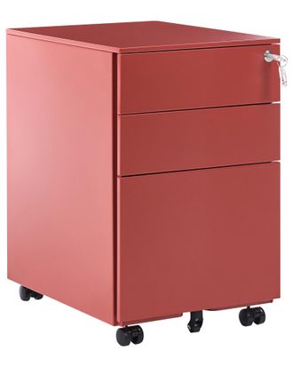 Beliani Armario De Metal Rojo 3 Cajones Ruedas Cerradura Industrial Oficina Cami