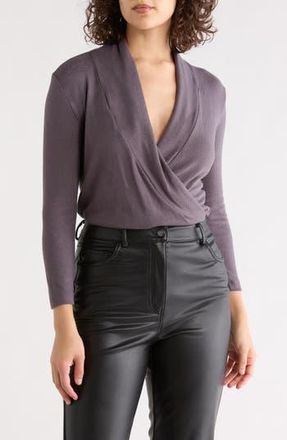 Renee C Surplice Long Sleeve Brushed Knit Top in Dark Cement at Nordstrom Rack, Size X-Small
