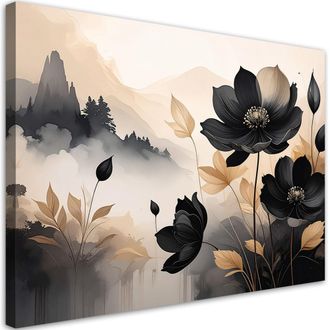Feeby Impresi&oacute;n De Imagen Flores Negras Paisaje En Beige 100x70