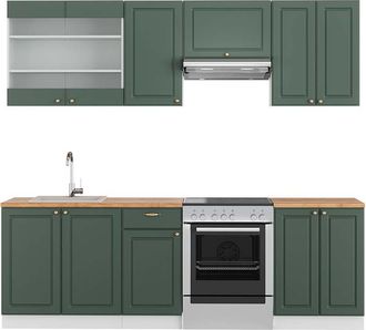 Vicco Mueble De Cocina Fame-line, Verde-dorado Casa De Campo/blanco, 240 Cm, Et Roble