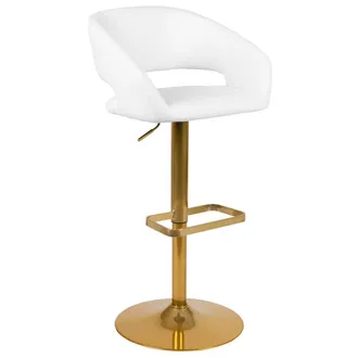 Flash Furniture White Vinyl Adjustable Height Barstool with Rounded Mid-Back and Gold Base
