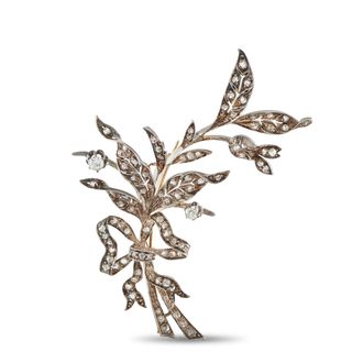 Luxury Bazaar Antique 18K Rose Gold and Silver 1.0ct Diamond Floral Leaf Brooch MF14-062626