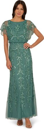 Adrianna Papell Womens Beaded Blouson Long Dress - Green - Size 8 UK