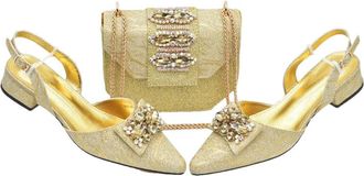 Generic Womens Shoe and Bag Set Sparkly Rhinestone Large Crystal Decoration Pointed Toe Low Heels Sandals Matching Handbag Gold