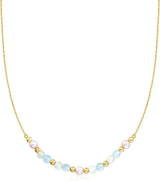 RS Pure by Ross-Simons Aquamarine and 4-4.5mm Prehnite Bead Station Necklace With 4.5-5mm Cultured Pearls in 18kt Gold Over Sterling