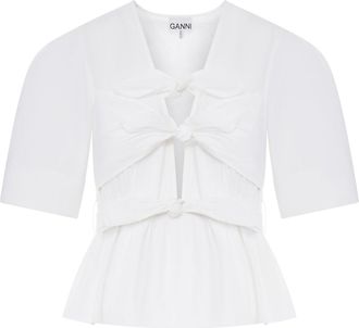 Ganni WHITE WASHED STRETCH COTTON TIE STRAP BLOUSE - Ganni - Woman