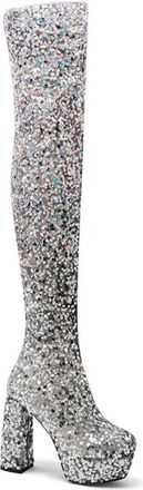 Generic Womens Round Toe Over The Knee Boots Glitter Thigh High Boot with Side Zipper Block High Heel Evening Party Prom Shoes,Silver,6.5 UK