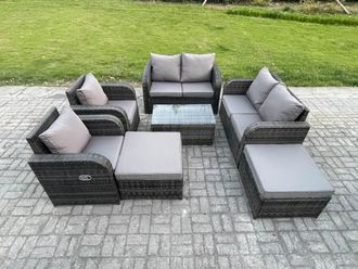 Fimous 8 Seater Garden Furniture Set Rattan Outdoor Lounge Sofa Chair With Tempered Glass Table 2 Big Footstool Dark Grey Mixed