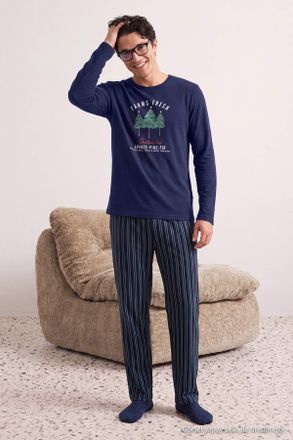 Trendyol MAN Heren Donkerblauw Kerst- Lang, Regular fit Pyjama- Sets