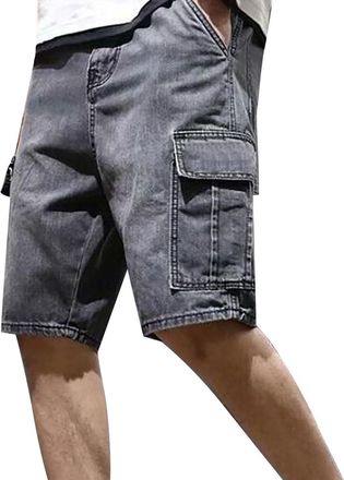 Generic Denim Shorts Mens Multi Pockets Cargo Jeans Straight-Fit Breathable Stretch Denims Short Solid Color Lightweight Half Pants Classic Casual Halfpants S