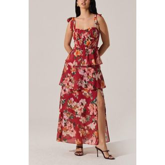 ASTR the Label Mellorie Abstract Floral Tiered Maxi Dress in Red Multi Floral at Nordstrom Rack, Size X-Small