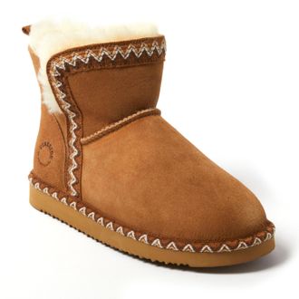 Dearfoams Fireside by Dearfoams Womens Perth Genuine Shearling Fold Down Bootie with Embroidery