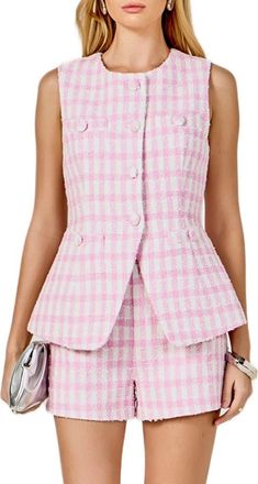 endless rose Tweed Peplum Vest in Pink/White at Nordstrom, Size X-Small