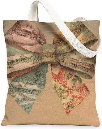 Generic Christmas Vintage Rustic Canvas Tote Bags, Cozy Winter Homes Design Reusable Grocery Bags, Lightweight Washable Shoulder St, Beige, 13x15 Inch