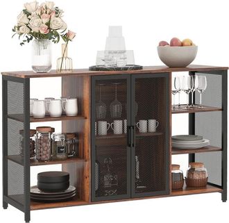 HOMCOM Homcom - Aparador De Cocina Industrial Mueble Buffet Auxiliar Con 6 Estantes Abiertos Porta Copas Y Estante Ajustable Para Bar Comedor 120x40x76 Cm