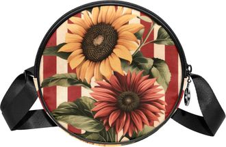 Generic Circle Crossbody Bag for Women, Sunflowers Stripes Small Sling Bag Daypack with Zipper Adjustable Shoulder Straps Casual Ladies Girls Round Purse