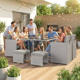 OUTSUNNY 8 Seater Cube Rattan Garden Dining Set with Cushions, Light Grey
