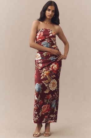 BHLDN Strapless Ruched Floral Stretch Satin Midi Dress